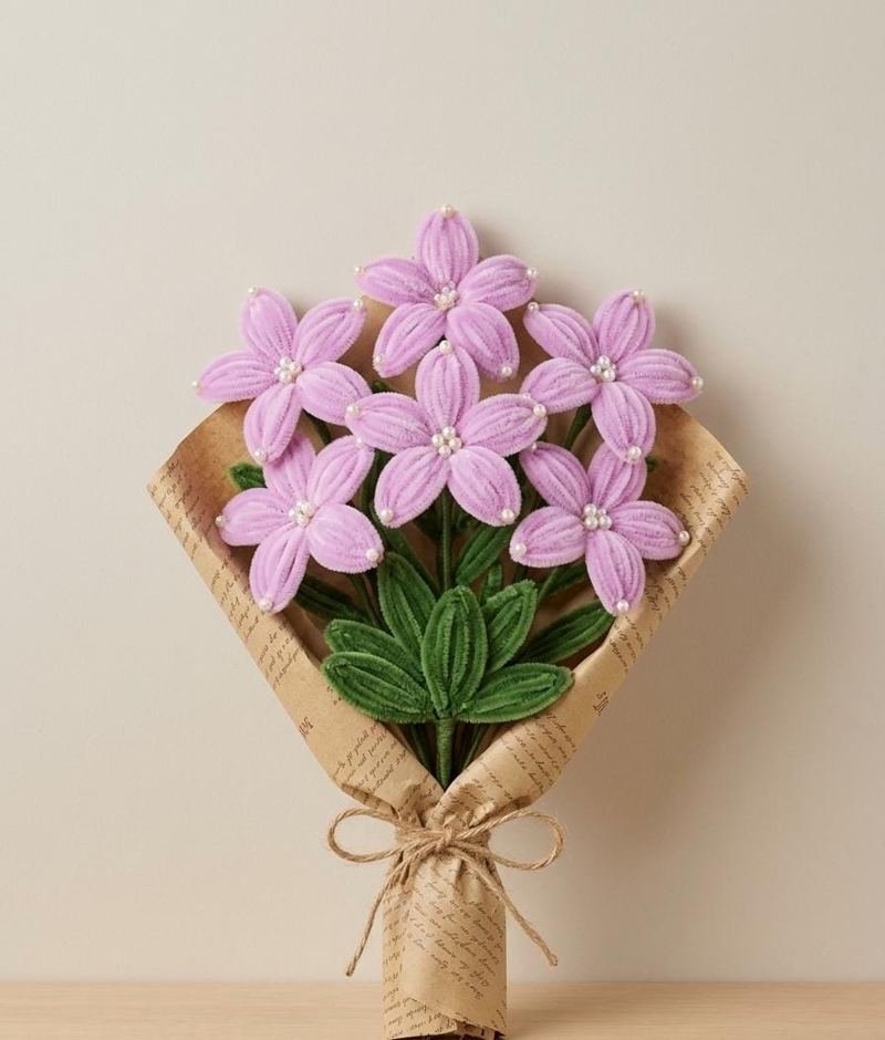 Handmade lilac velvet flower bouquet in kraft paper