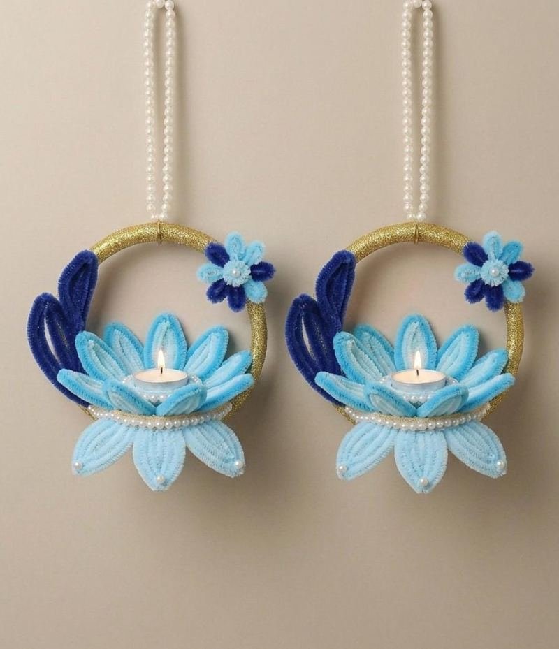 Sky blue lotus diya hanging set of 2