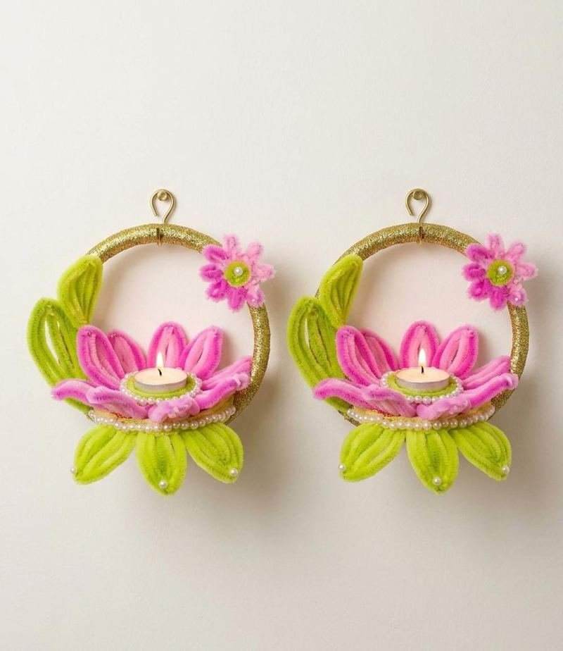 Pink and green lotus diya hanging set of 2