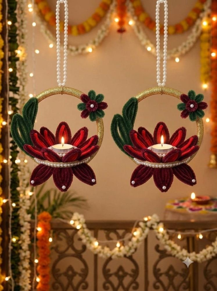 Maroon red lotus diya hanging set of 2